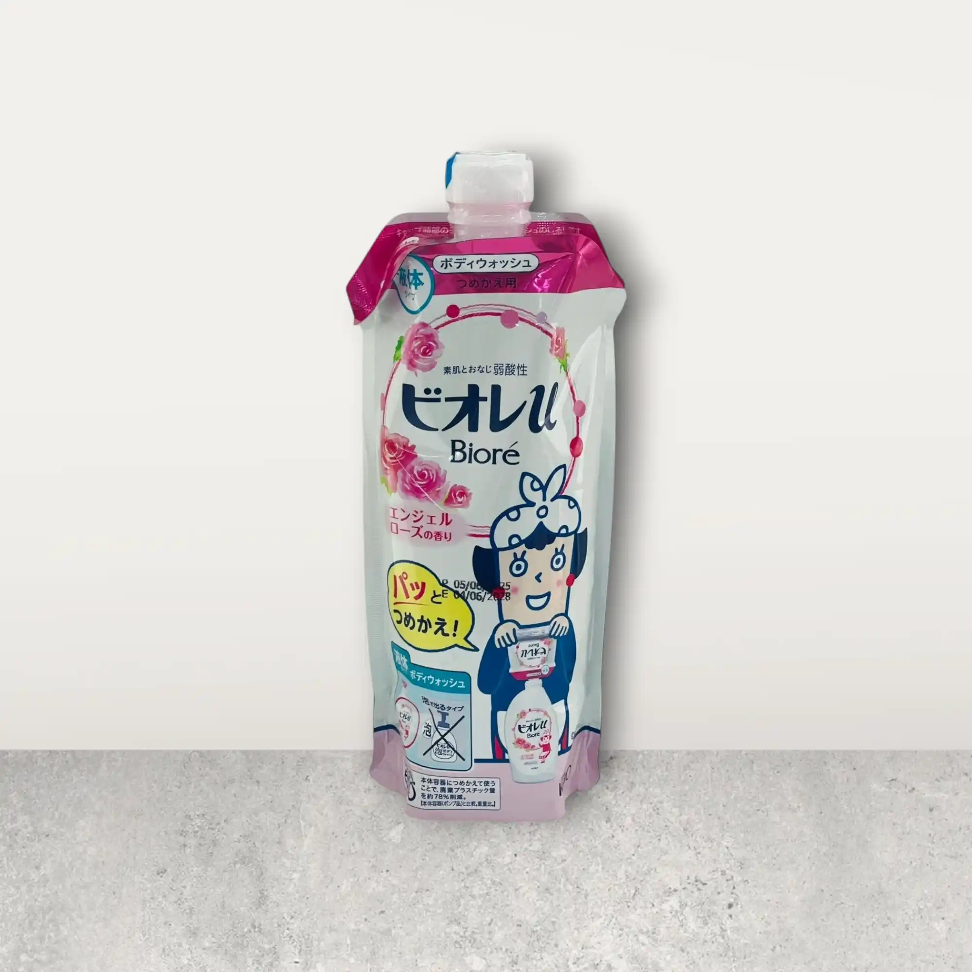 Biore Body Wash Refill Pouch - Angel Rose Scent 340ml - Gentle pH Formula